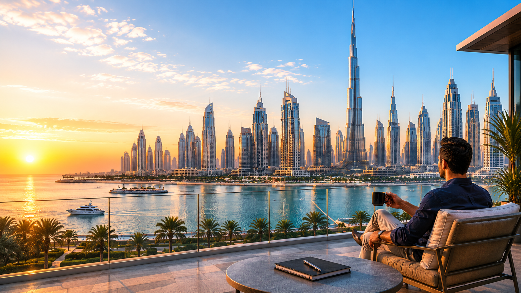 Expat relaxing on a balcony overlooking the Gulf skyline